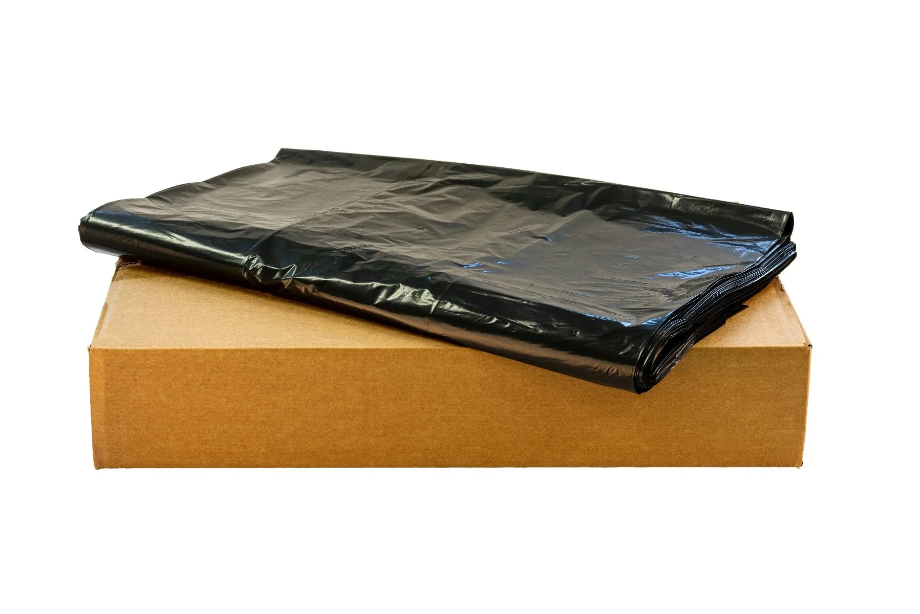 A folded 200 Heavy Duty Refuse Bags package sits atop a closed brown cardboard box, both placed on a plain white background. A folded 200 Heavy Duty Refuse Bags package sits atop a closed brown cardboard box, both placed on a plain white background.