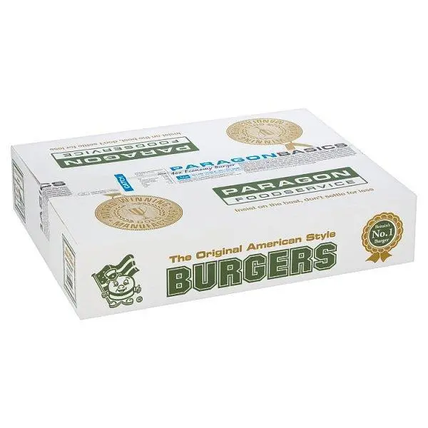 A white cardboard box labeled "48 x 4oz Paragon Economy Burgers" from Paragon Food Service, featuring gold and green text, logos, and a cartoon burger character on the packaging.